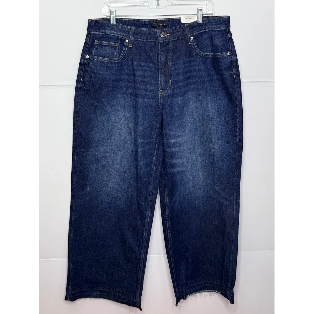 Free Assembly Wide Leg Jeans Womens 14 Dark Wash New Raw‎ Hem High Rise Grunge